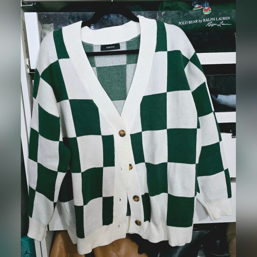 Green and White Checkered Women's Sweater L
